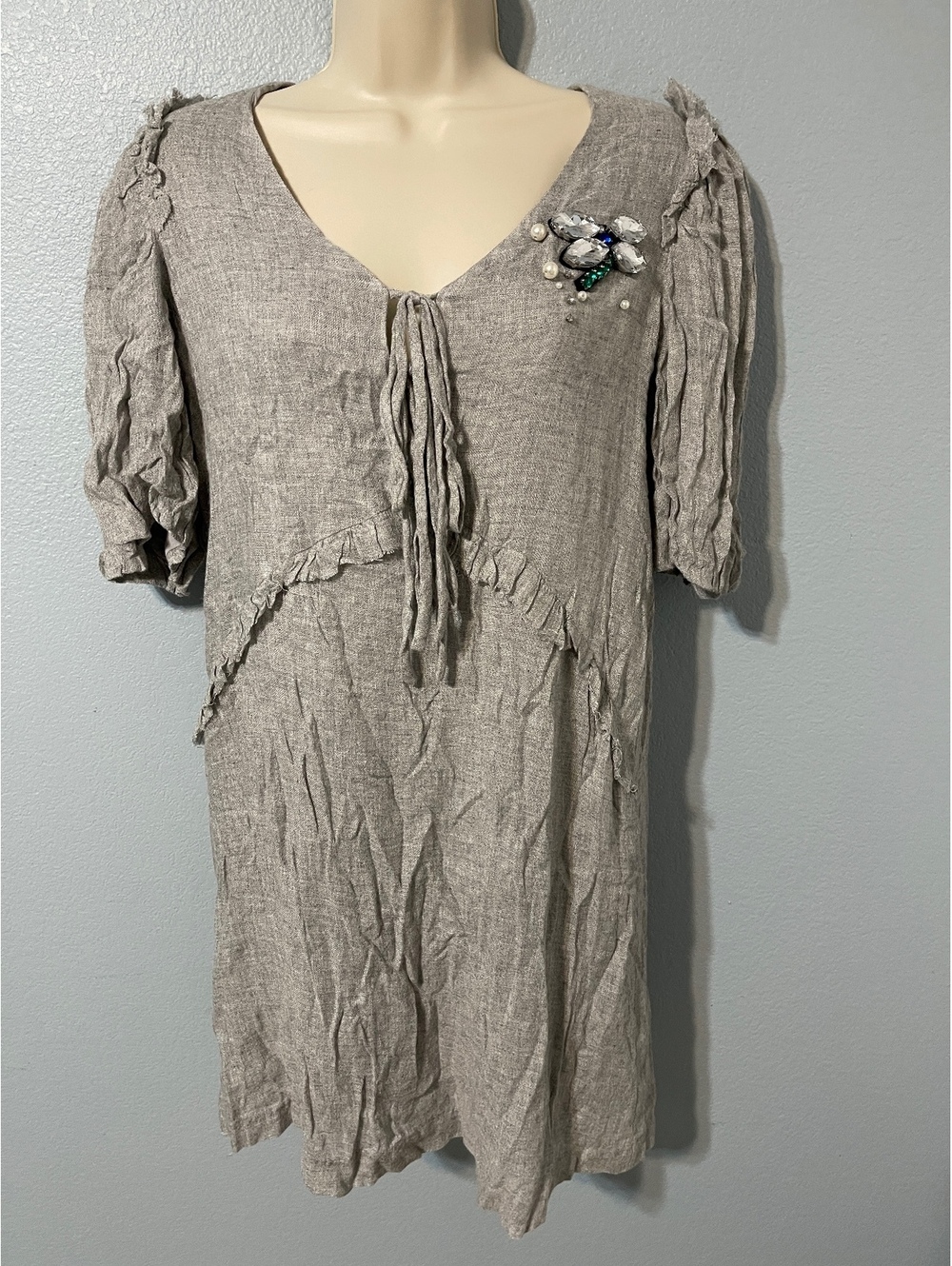 MNG Mango Wool Blend Dress Gray Ruffle Puff Sleeve Jeweled Lagenlook Size 4